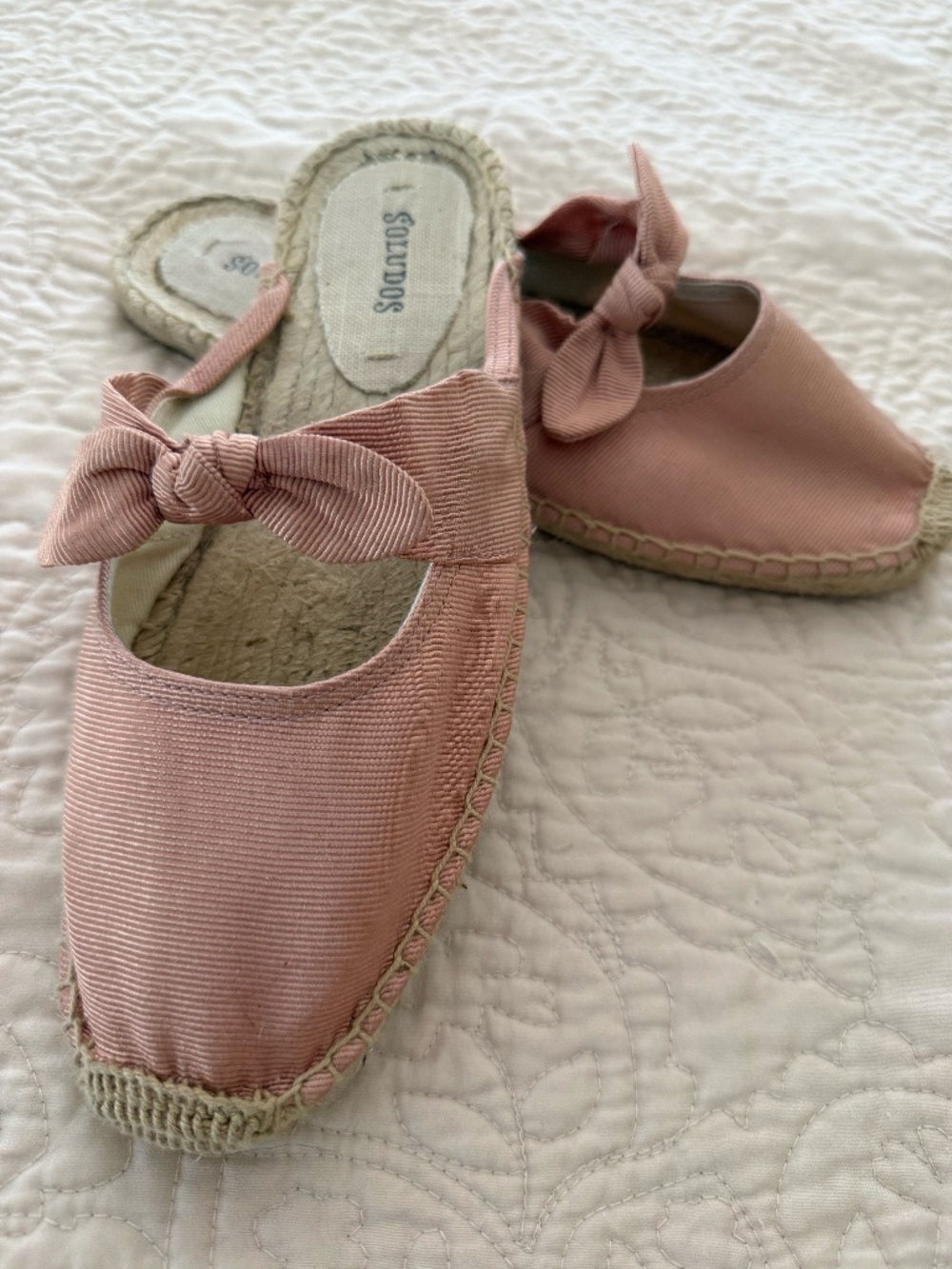 Soludos Alma Bow Espadrille Mules Pink Ribbed Grosgrain Slip On Flats